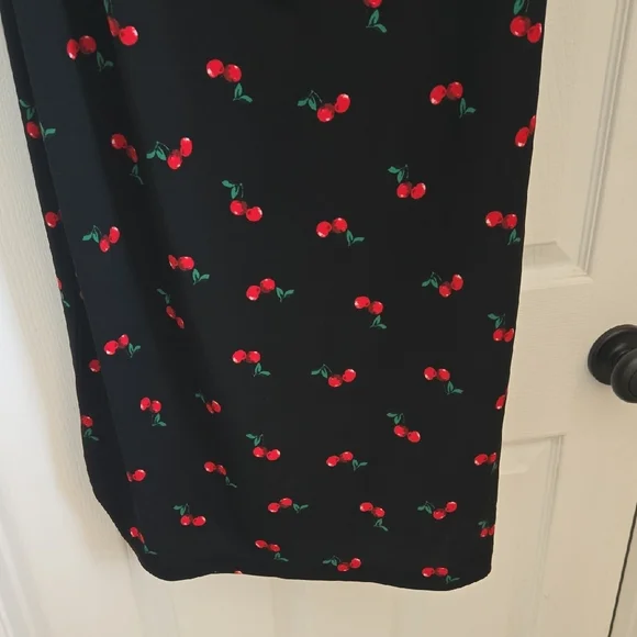 New York & Company Off the Sholder Black Dress with Cherry Print. Beautiful - Picture 3 of 8